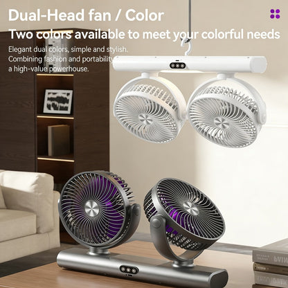 Double Head Air Circulation Fan USB Rechargeable | Desktop & Wall-Mounted 3-Speed Dual-Head Fan with Atmosphere Night Light, Multi-Angle Airflow for Camping, Home & Office – Grey & White