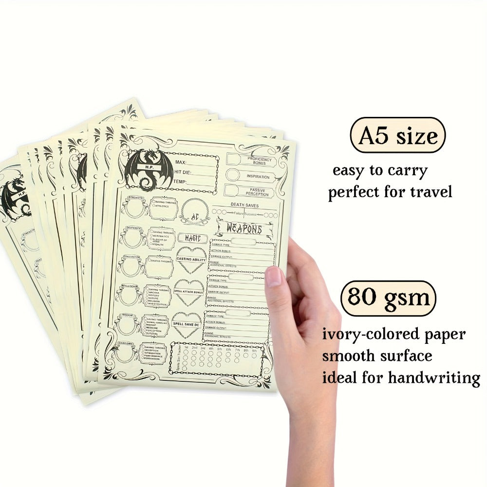 DnD 5e Character Sheet Set with Spell Tracker – A5 Player Journal for Dungeons & Dragons Campaigns, 10 Sets x 6 Unique Pages (60 Pages Total), Complete RPG Role Playing Game Accessory & Gift for Players & DMs