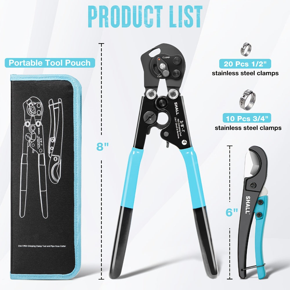 PEX Crimping Tool Kit – Clamp Cinch Tool & Pipe Cutter, ASTM F2098 Certified, Fits 3/8” to 1” Stainless Steel Clamps, Includes 20pcs 1/2” & 10pcs 3/4” Clamps with Storage Bag