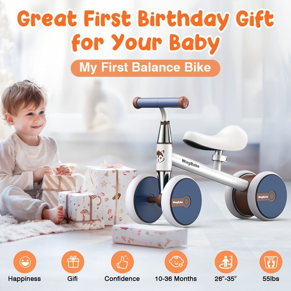 4 Wheel Balance Bike for Baby Toddlers 10-36 Months – Lightweight First Bike with Adjustable Seat, 90° Steering Limit & Silent Anti-Slip Tires | Best 1st Birthday Gift for Boys and Girls