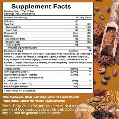 Mushroom Coffee Blend Powder 210g – Instant Coffee with Lion's Mane, Reishi, Cordyceps, Chaga & Chanterelle | 5-Mushroom Functional Coffee for Focus, Energy & Immune Support | Great Wellness Gift