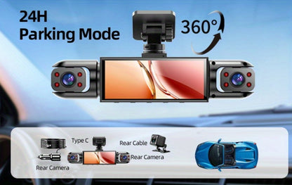 360° 4-Channel Dash Cam 1080P Front + 720P Rear Left Right Full Coverage, WDR Night Vision, G-Sensor, Loop Recording – Optional 64GB TF Card, Car Safety Driving Recorder