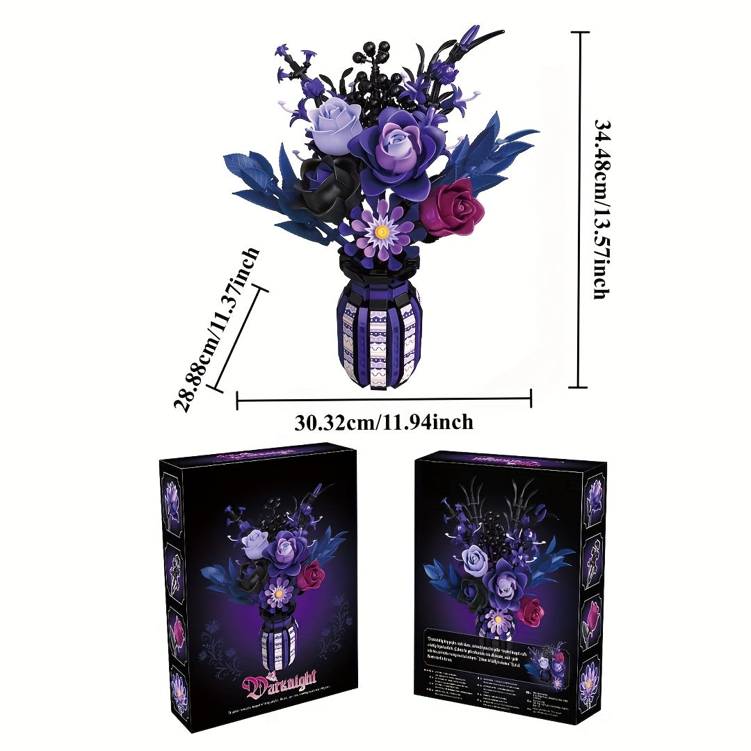 Gothic Flower Bouquet Building Block Set 1218pcs – DIY Artificial Floral Arrangement & Vase Brick Kit, Multicolor Home Office Decor Display, Unique Birthday Valentine's Day Gift for Women