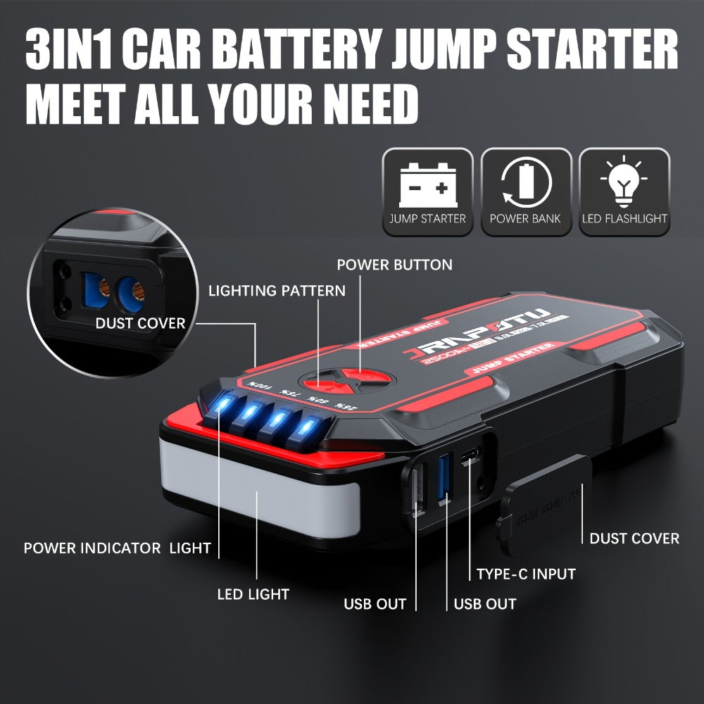 2500A Peak Car Jump Starter Portable – 12V Battery Booster Pack with USB-A & USB-C Ports, LED Flashlight, 10000mAh Power Bank, for Gas up to 8.0L & Diesel up to 7.0L Engines