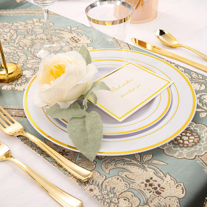 Gold Plastic Plates Disposable Dinnerware Set 350pcs – 50 Dinner Plates, 50 Dessert Plates, 50 Gold Rim 9oz Cups & 50 Gold Cutlery Sets | Elegant Party Tableware for Wedding, Birthday & Holiday Events