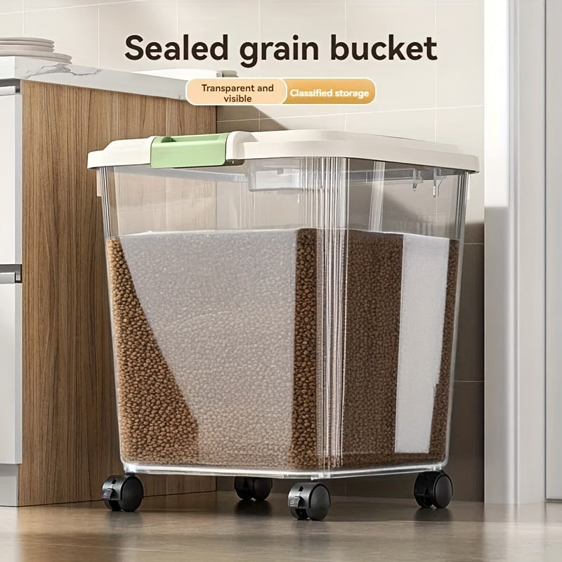 Transparent Pet Food Storage Container with Wheels – Large Capacity Moisture-Proof Bug-Proof Visible Food Level, Includes Measuring Cup, for Cats & Dogs