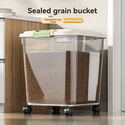 Transparent Pet Food Storage Container with Wheels – Large Capacity Moisture-Proof Bug-Proof Visible Food Level, Includes Measuring Cup, for Cats & Dogs