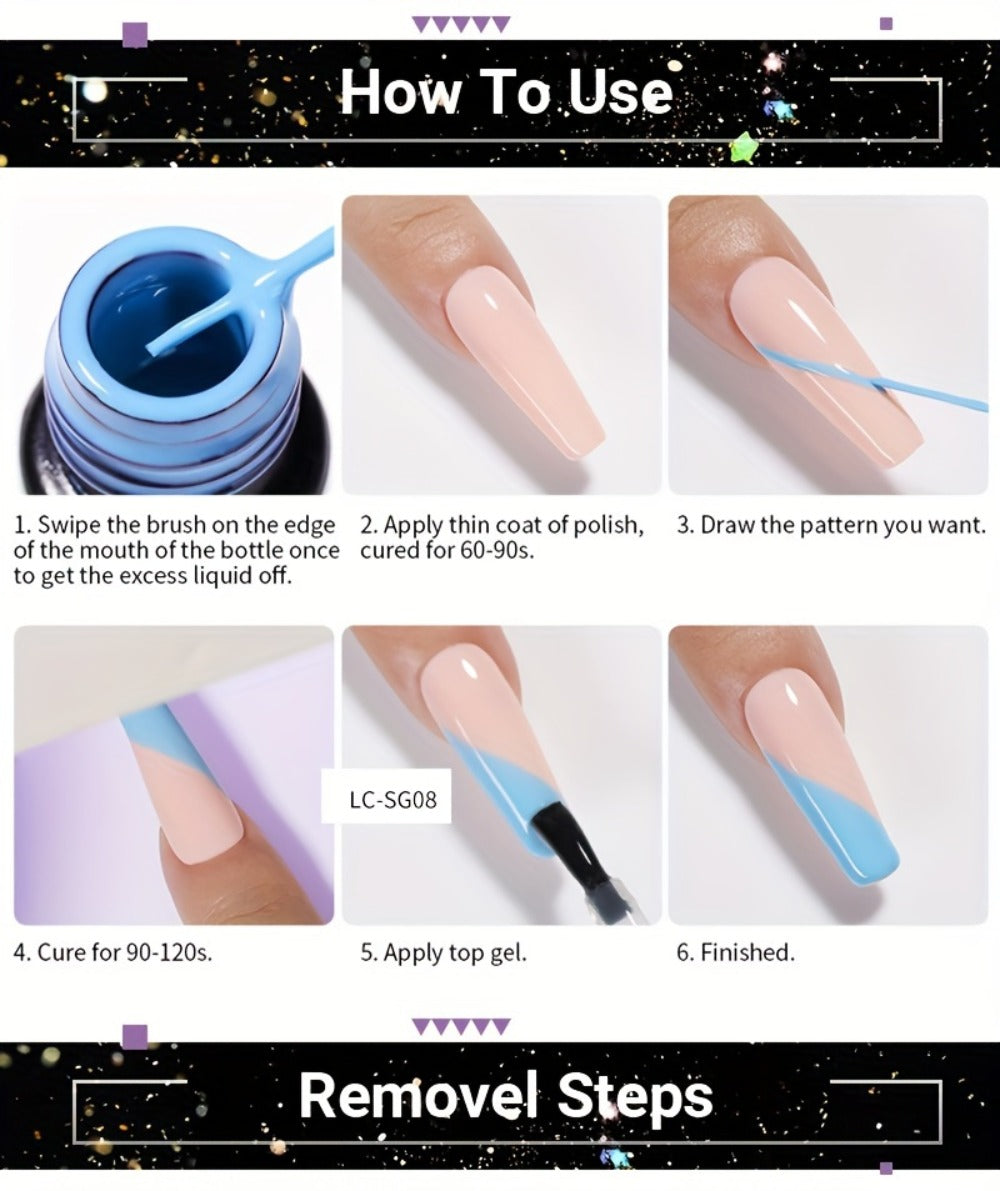 Reflective Glitter Line Gel Nail Art Set LILYCUTE Sparkling Stripe 3pcs 5ml Each - Ultra-Thin Pull Line Drawing Graffiti Gel Polish LED UV Cured DIY Home Manicure for Women
