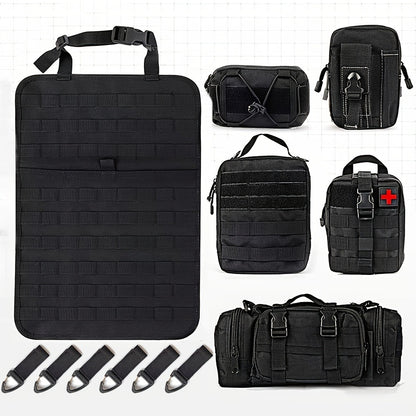 MOLLE Car Seat Back Organizer - 5 Detachable Pouches, 6 Keychains, Tactical Vehicle Panel Organizer for Jeep Truck SUV, Multipurpose Hanging Travel Gear Organizer, Universal Fit, Black