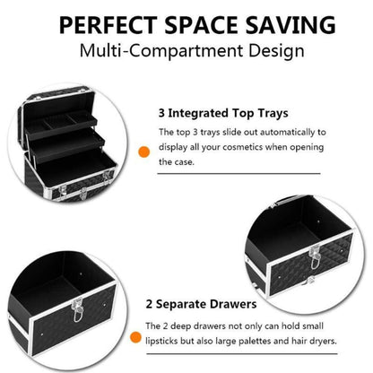Makeup Train Case Rolling Aluminum Lockable Trolley with 4 Wheels 2 Sliding Drawers Telescopic Rod Portable Cosmetic Organizer Suitcase for Makeup Artists Salon Travel Beauty Storage Black