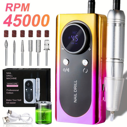 Electric Nail Drill Machine 45000RPM with LCD Display — Rechargeable Cordless E-File Professional High-Speed Nail Sander for Acrylic Gel Polish Natural Nails, Salon & Home Manicure Pedicure Tool