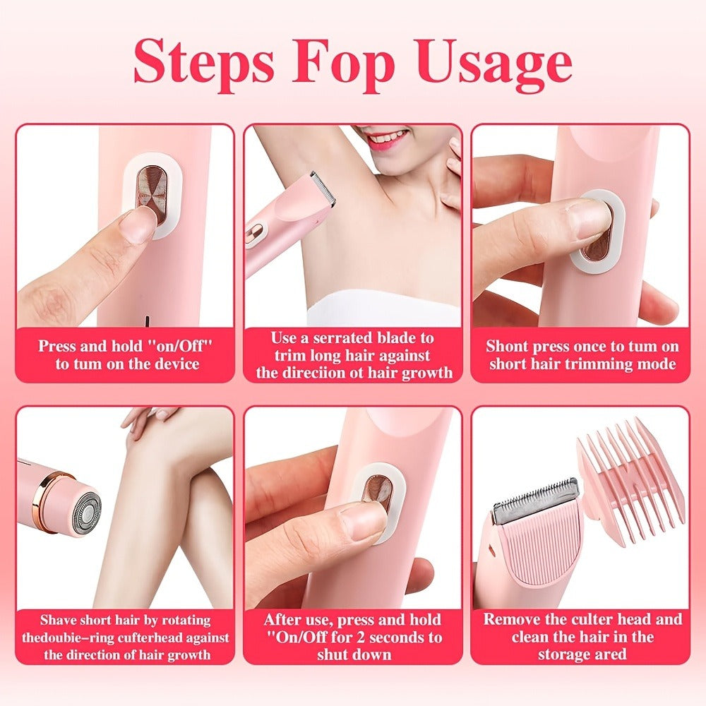 Electric Shaver for Women 2-in-1 Bikini Trimmer Portable USB Rechargeable Painless Wet Dry Lady Shaver with Precision Combs for Face Arms Legs Underarms Bikini Line