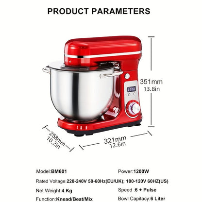 Stand Mixer 1200W 6L Stainless Steel Bowl - Kitchen Food Stand Mixer with Dough Hook, Whisk & Beater, 6-Speed Tilt-Head Electric Mixer for Baking, Kneading, Whipping, Red