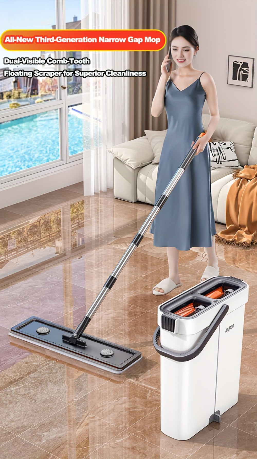 Flat Mop and Bucket System with Washable Reusable Microfiber Pads Dual Bucket Wringer Wet Dry Floor Mop for Hardwood Tile Marble Wall Cleaning Stainless Steel Handle 12.99in or 15.74in Mop Head
