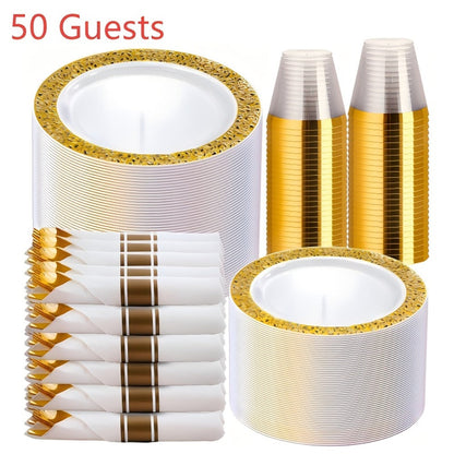 Gold Disposable Dinnerware Set for 50 Guests 350pcs – Includes Dinner Plates, Dessert Plates, 9oz Cups with Gold Rim, Pre-Rolled Napkins & Gold Cutlery | Perfect for Wedding, Party & Holiday Celebration