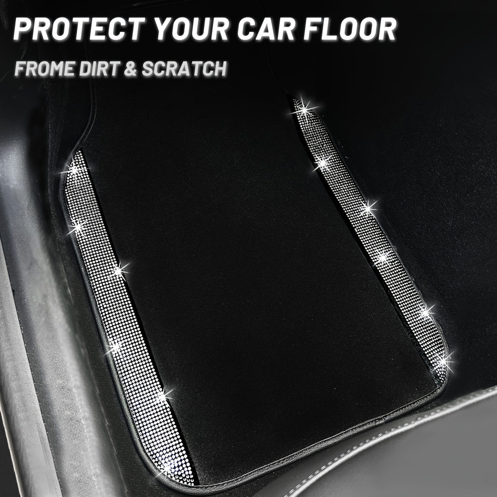 Bling Car Floor Mats Full Set, Universal Fit Most Cars, SUV, Trucks, 4pcs Sparkle Glitter Artificial Diamond Carpet for Women Girls with Anti-Slip Pad