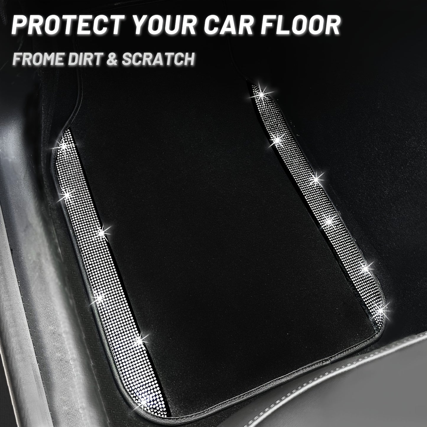 Bling Car Floor Mats Full Set, Universal Fit Most Cars, SUV, Trucks, 4pcs Sparkle Glitter Artificial Diamond Carpet for Women Girls with Anti-Slip Pad