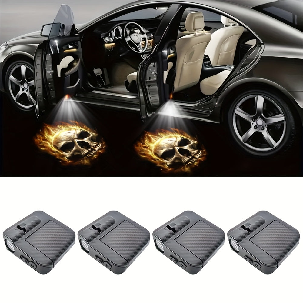 4pcs Flame Skull Ghost Shadow Car Door Welcome LED Projector - Vivid LED Lights For Cars, Bicycles, Etc., Battery Powered, Easy To Install, Car Decorative Lights | Decorative Flame Skull Door Sign Light