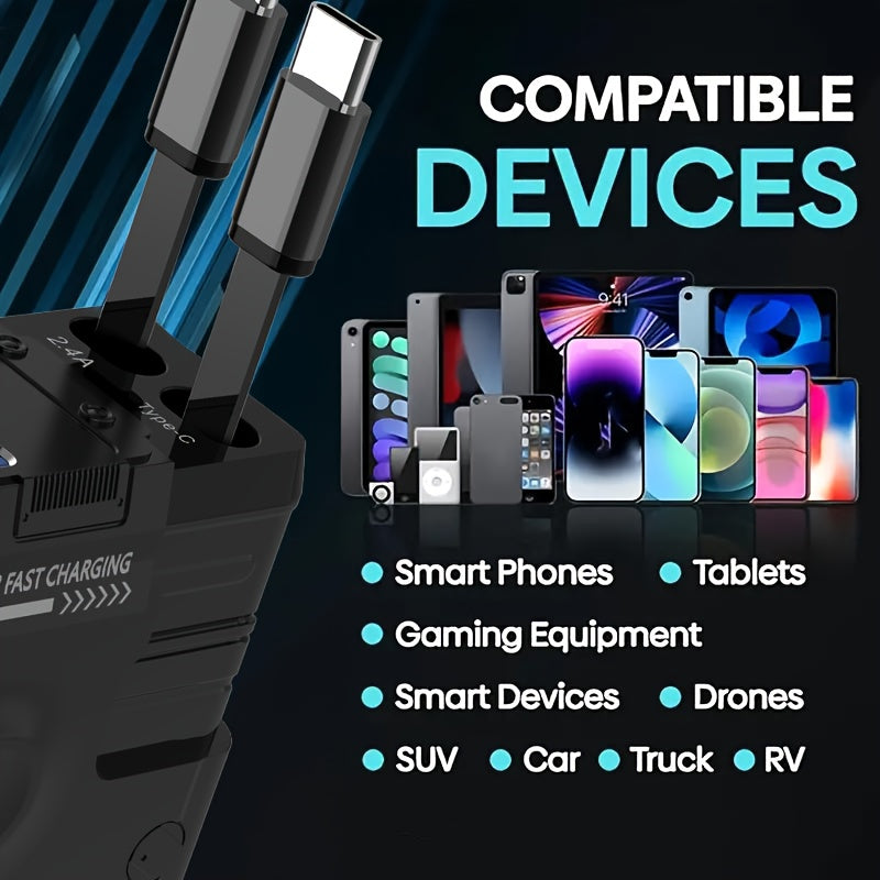 Mech Style Super Fast Car Charger, 4 In 1 Retractable Car Phone Charger 120W, Retractable Cables For Iphone And USB Car Charger, Compatible With for iphone 14/13/12/11, Galaxy, Pixel - For Ios And Android(Gift Magnetic Holders Included)