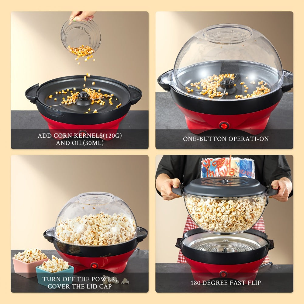Popcorn Machine 800W Electric Stirring Popcorn Maker – 6-Quart Non-Stick Plate, Quick-Heat Technology, Cool-Touch Handles, 2-in-1 Lid & Bowl for Home Movie Night