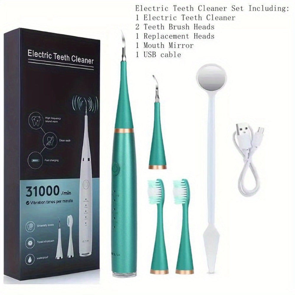 Electric Teeth Cleaner Kit USB Rechargeable – 5 Cleaning Modes Dental Scaler Plaque Tartar Remover Gum Health Tool for Adults Family Holiday Gift Set Black White Green