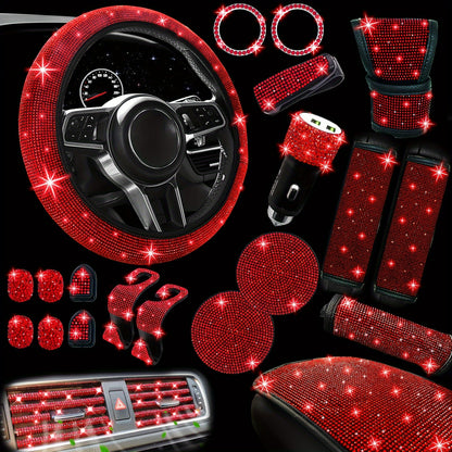 Bling Car Interior Accessories Set for Women 30-Piece – Steering Wheel Cover Universal 15 Inch, Seat Belt Covers, Armrest Cover & Gear Shift Cover, Woven Glitter Car Décor Kit