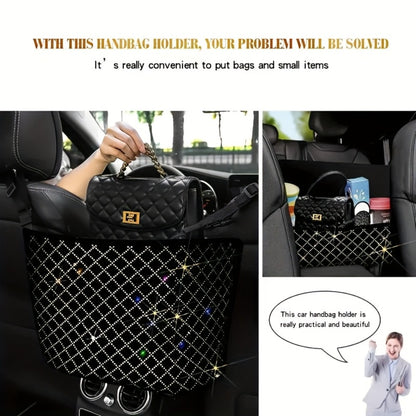 Rhinestone Car Seat Back Organizer & Purse Holder – Bling Crystal Handbag Hanger for Women, Pet Barrier for Dogs & Kids, Universal SUV Truck Car Accessories Gift for Girls