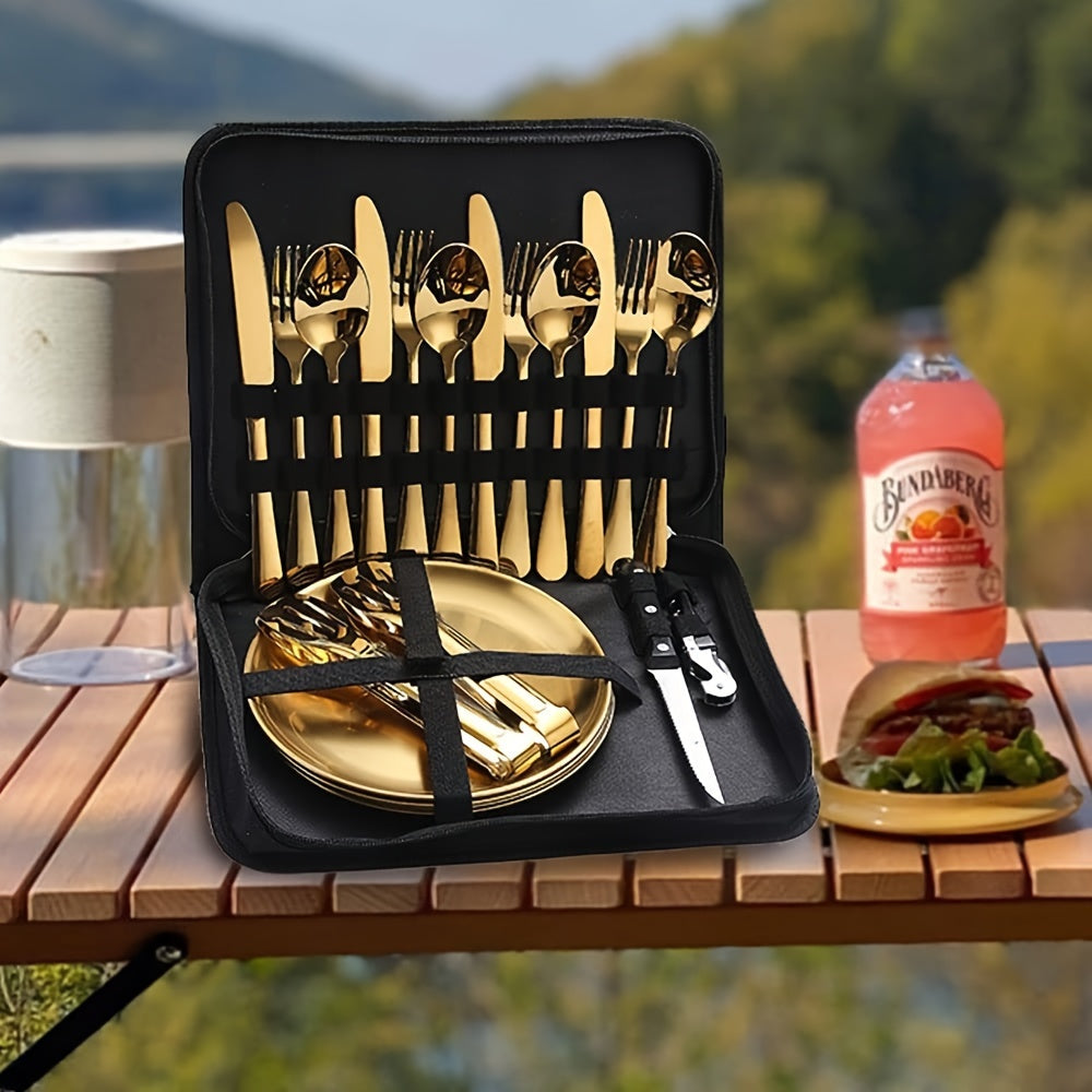 Camping Flatware Set for 4 People 20 Piece, Portable Picnic Tableware Kit with Plates Forks Spoons Knives Bottle Opener Food Tongs, Reusable Outdoor Silverware Set with Zipper Bag for Camping Hiking Travel