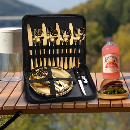 Camping Flatware Set for 4 People 20 Piece, Portable Picnic Tableware Kit with Plates Forks Spoons Knives Bottle Opener Food Tongs, Reusable Outdoor Silverware Set with Zipper Bag for Camping Hiking Travel