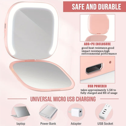 LED Makeup Mirror with Lights Two-Sided Magnifying, Foldable Portable Vanity Mirror 3 Brightness Levels USB Rechargeable, Cute Animal Theme Compact Travel Mirror for Women Girls Desk Bedroom Pink White