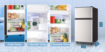 Small Fridge with Freezer, 2-Door Compact Refrigerator with 7-Level Adjustable Thermostat, Removable Shelves & Basket – 2.5 or 3.5 Cu Ft Silver Mini Fridge for Dorm, Office, RV and Bedroom