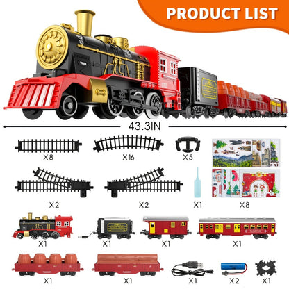 Christmas Train Set for Kids – 43PCS Electric Train Toy with Smoke, Lights & Sound, 6 Cars & 28 Tracks, Switchable Railway Layout, Holiday Birthday Gift for Boys Girls Toddlers