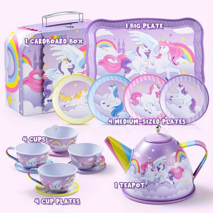 Unicorn Tea Party Set for Girls – Purple Tin Teapot Cups & Plates Pretend Play Princess Kitchen Toy with Storage Case – Magical Unicorn Rainbow Castle Gift for Ages 3+ Birthday Easter Christmas