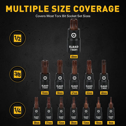 Torx Bit Socket Set 16-Piece T8-T60 | 1/4" 3/8" 1/2" Drive Star Bit Sockets with Adapters, S2 & Chrome Vanadium Steel, Professional Mechanic Tool Kit