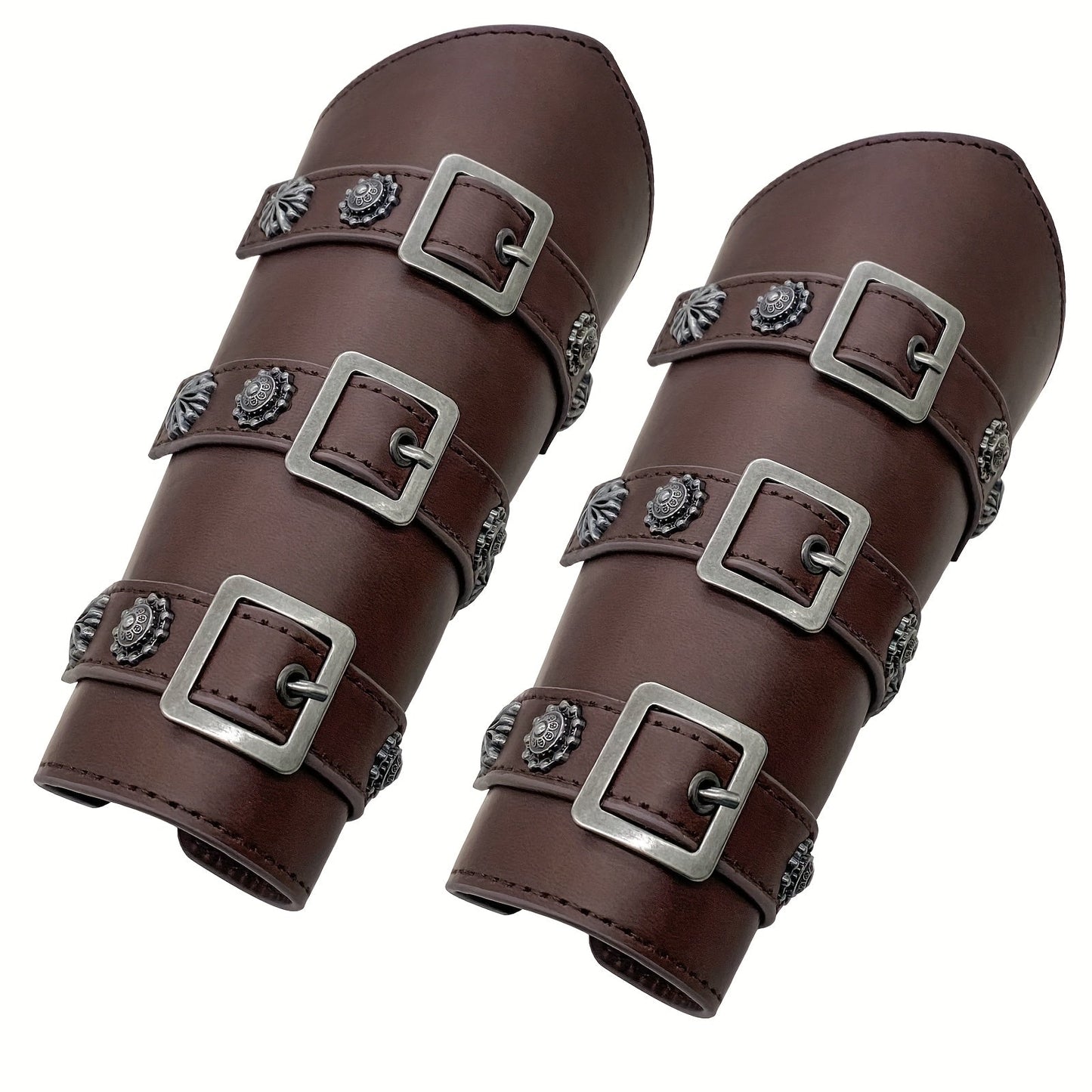 Viking Medieval Leather Arm Guards Bracers – PU Leather Knight Gauntlets Adjustable Metal Buckles Rivets for Men Women Halloween Cosplay LARP Renaissance Fair Stage Costume Dark Brown Khaki Black