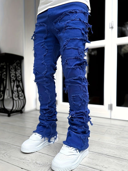 Men's Distressed Fringe-Hem Jeans - Washed Blue Stretch Denim Look