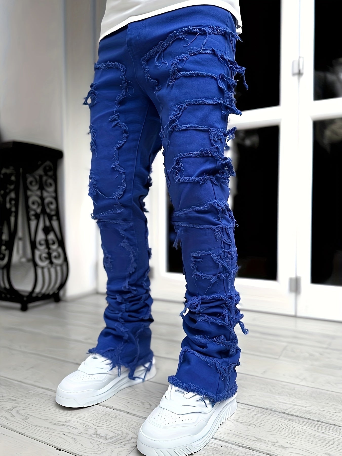 Men's Distressed Fringe-Hem Jeans - Washed Blue Stretch Denim Look