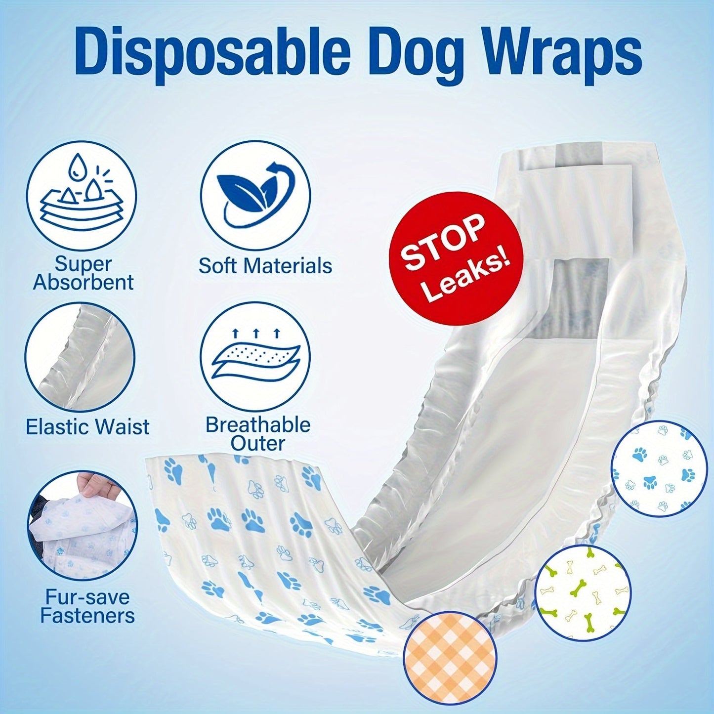Disposable Dog Diapers – Ultra-Absorbent Leakproof 12-Pack for Male & Female Dogs, Elastic Waistband, 3 Colors, S & M Sizes for Incontinence & Travel