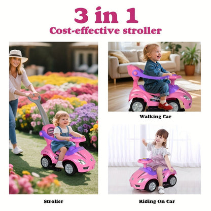 3-in-1 Toddler Push Ride & Walker Car – Baby Ride-On Toy with Guardrail, Music & Under-Seat Storage for Ages 18–36 Months | Indoor Outdoor Safe Play | Pink, Red