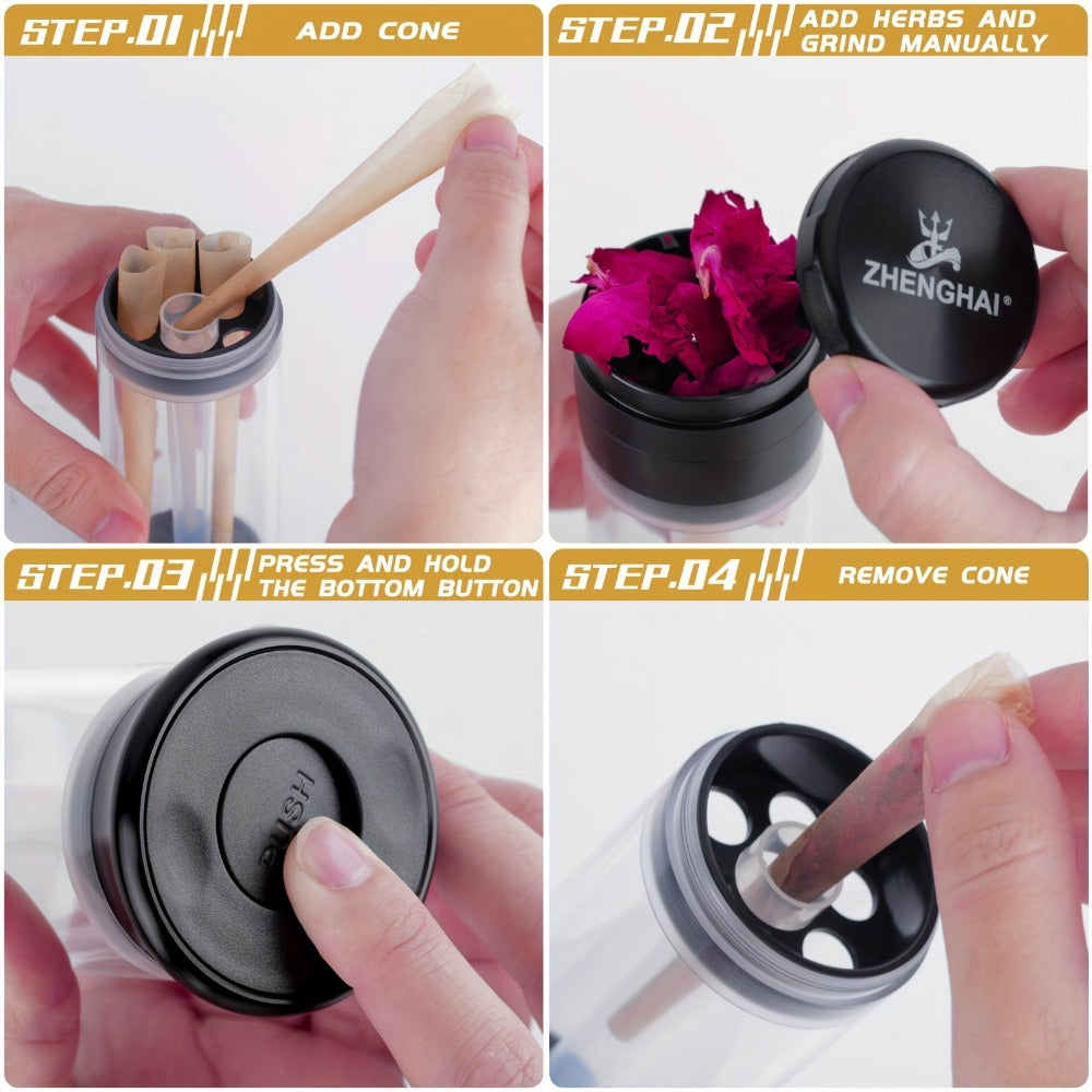 3-in-1 Herb Grinder with Cone Loader & Rolling Machine, Multifunctional Tobacco Grinder Blunt Joint Roller Filling Storage All-in-One with Cleaning Brush, Spice Grinder for Home Use, Black Red Blue