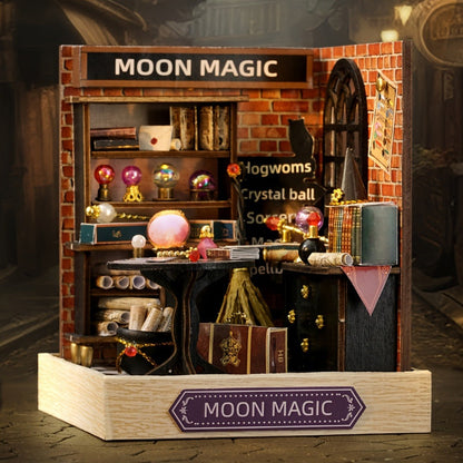 DIY Wooden Tiny House Kit with Dust Cover – Handmade Miniature Dollhouse Puzzle, 3 Themes Afternoon Tea Rotating Food House Moon Magic, Creative Home Decor Gift for Adults & Teens Birthday Christmas