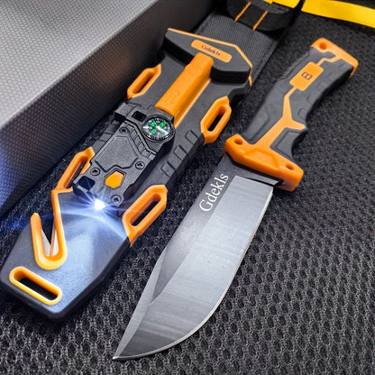 Fixed Blade Outdoor Camping Knife 9.64 Inch Stainless Steel, Survival Hunting Knife with Flint Fire Starter Night Light Sharpener Safety Sheath, Non-Slip Ambidextrous Handle for Hiking Mountaineering Adventure