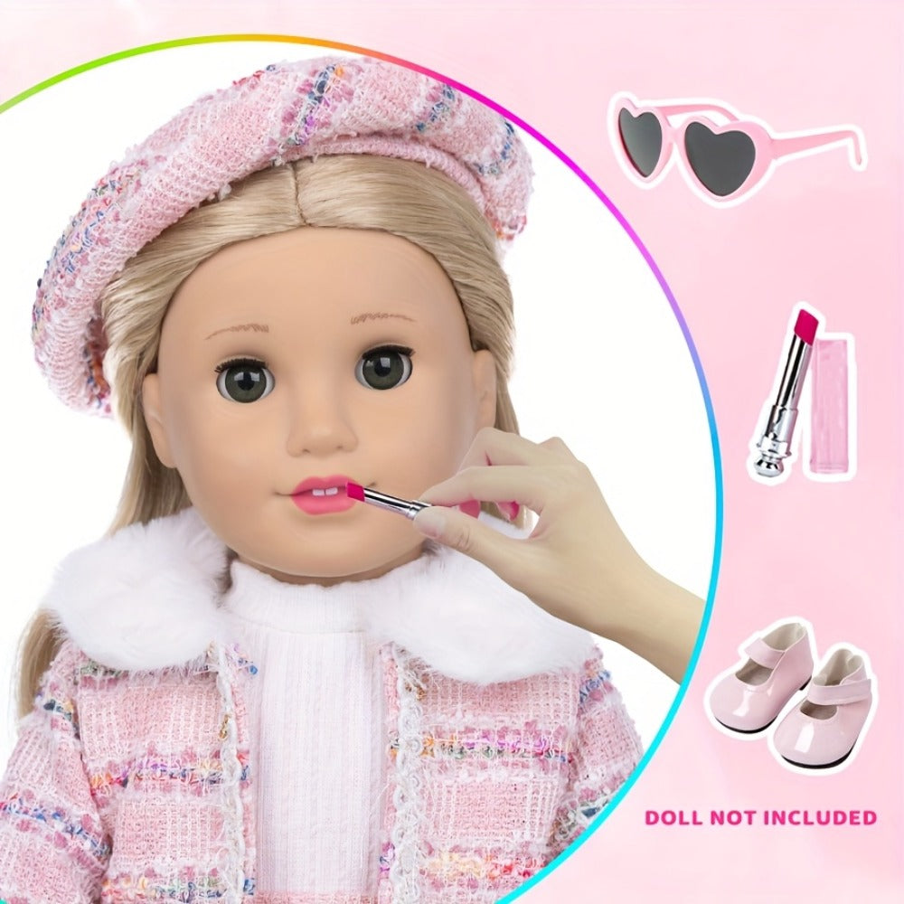 18 Inch Doll Knitted Clothes Outfit Set with Hat Jacket Skirt Shoes Socks Sunglasses Lipstick – Complete Baby Doll Accessories for 16-18 Inch Dolls Playing House Gift for Girls Birthday Christmas