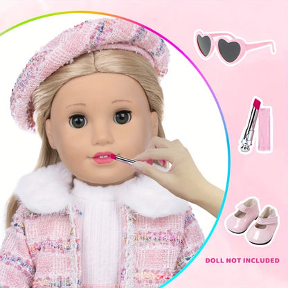 18 Inch Doll Knitted Clothes Outfit Set with Hat Jacket Skirt Shoes Socks Sunglasses Lipstick – Complete Baby Doll Accessories for 16-18 Inch Dolls Playing House Gift for Girls Birthday Christmas