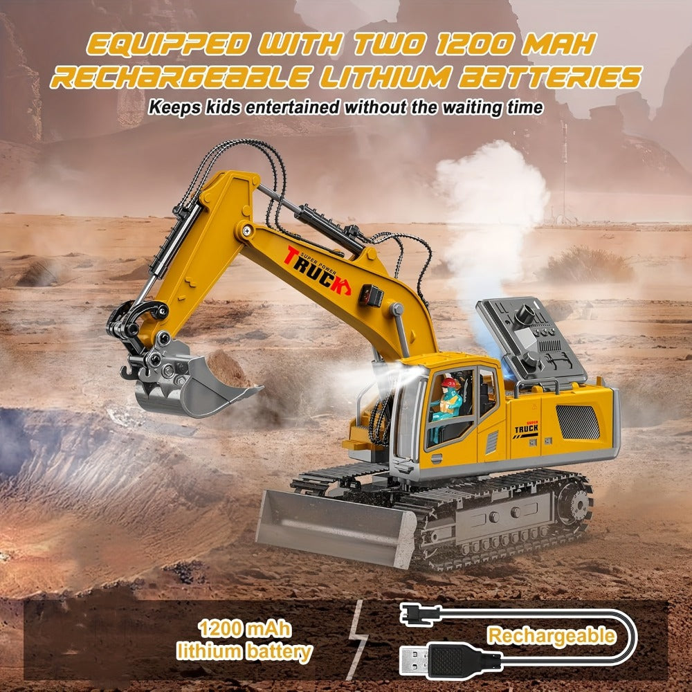 RC Excavator 120-Minute Battery Life Metal Shovel LED Lights – 13CH or 17CH Remote Control Construction Truck 1200mAh Rechargeable Digging Toy for Boys Ages 8+ Birthday Christmas Gift Yellow Gray