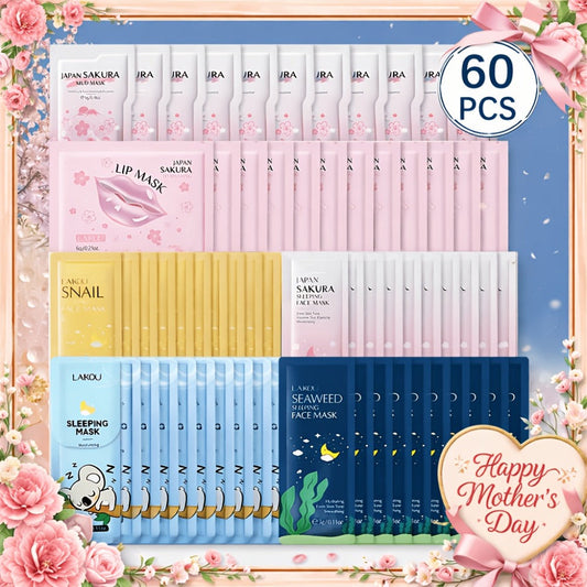 Sheet Mask Set 60 Pieces — Cherry Blossom Lip Masks, Snail Essence, Seaweed & Sleeping Masks with Glycerin | Hydrating Face Mask Variety Pack for All Skin Types | Skincare Gift Set for Women