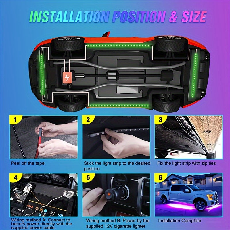 4pcs Car Underglow Neon Accent Strip Lights, App Control 16 Million Colors Music Mode, RGB 8 Color Sound Active Function Music Mode with Wireless Remote Control Underbody Light Strips for Car Van SUV Truck, DC 12V 90*120cm/35.43in+47.24in