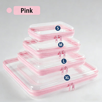 Clear Storage Box Set 4 Pcs Hard Transparent Zipper Organizer Plastic Case S M L XL Makeup Cosmetics Snacks Stationery Kids Toys Multi-Color Purple Blue Pink White