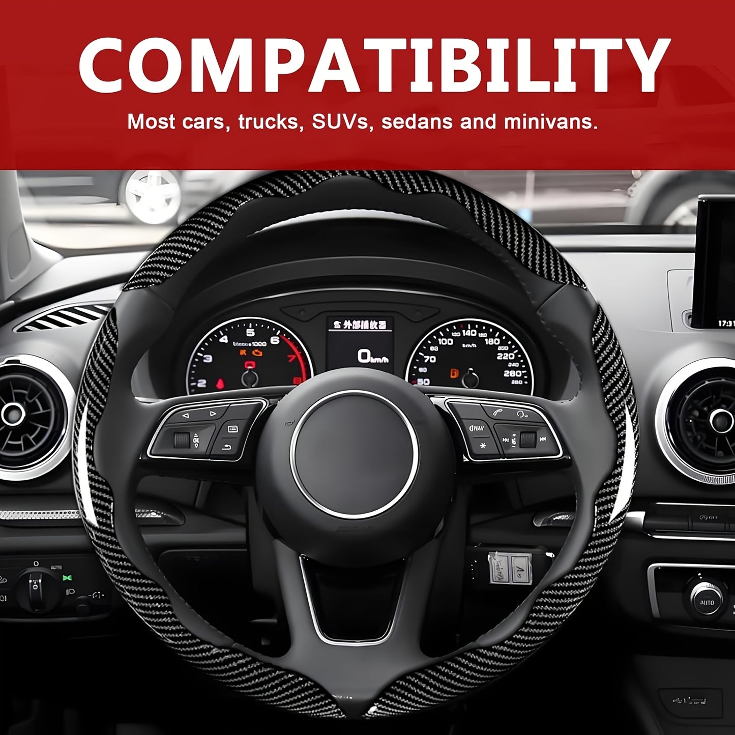 Steering Wheel Cover Carbon Fiber 3Pcs – Anti-Slip Scratch-Resistant Protector for Toyota RAV4, Camry, Corolla, Highlander, Tacoma, Tundra, 4Runner & Sequoia | Black & Red