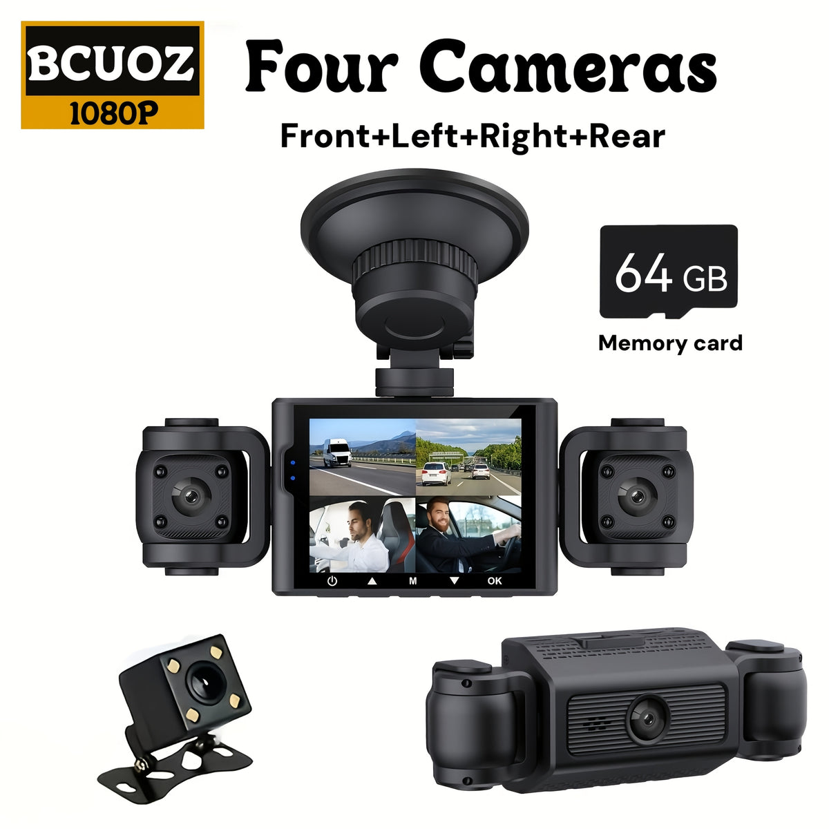 BCUOZ 360° Panoramic 4-Channel 1080P HD Ultimate Safety Dash Cam Kit, 1080P Front And 720P Rear/Left/Right Full Coverage, Four Views Displayed Simultaneously, IR HD Night Vision, WDR, G-Sensor, Loop Recording - Auto Parts/Car Dashboard Camera/Safety